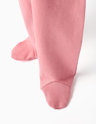 4 plain/printed cotton footed trousers for newborn girls, pink/white
