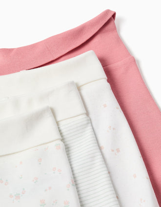 4 plain/printed cotton footed trousers for newborn girls, pink/white