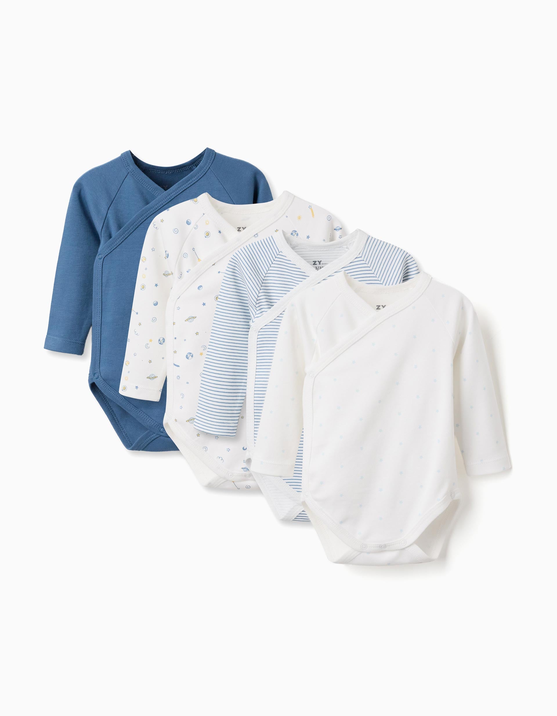 4 plain/printed wrapover bodysuits for newborn and baby boys, blue/white