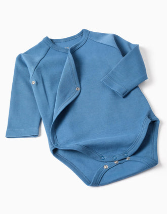 4 plain/printed wrapover bodysuits for newborn and baby boys, blue/white