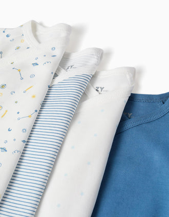 4 plain/printed wrapover bodysuits for newborn and baby boys, blue/white