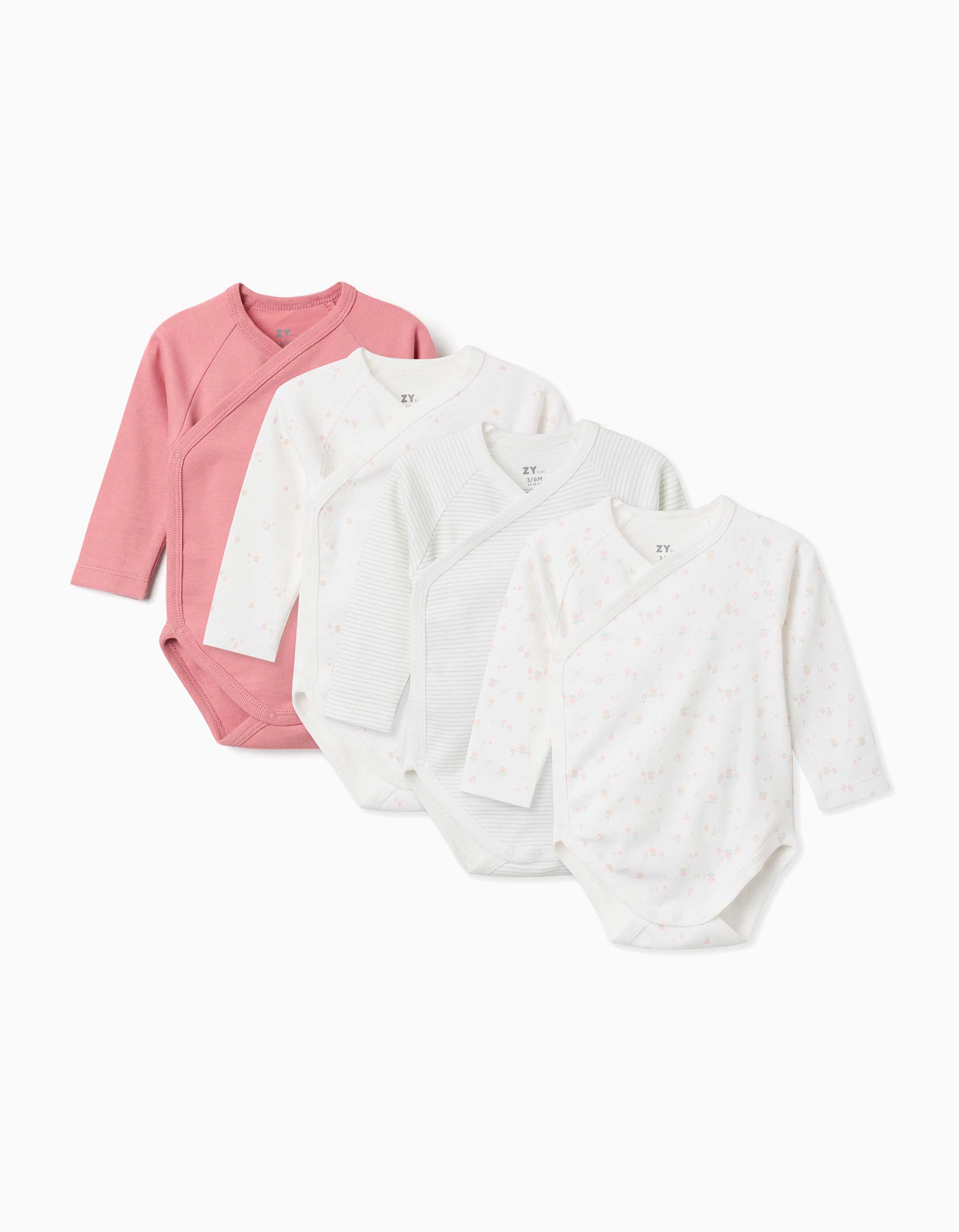 4 bodies de trespasse lisos/estampados para recém-nascida, branco/rosa/verde