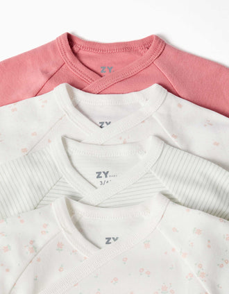 4 bodies de trespasse lisos/estampados para recém-nascida, branco/rosa/verde