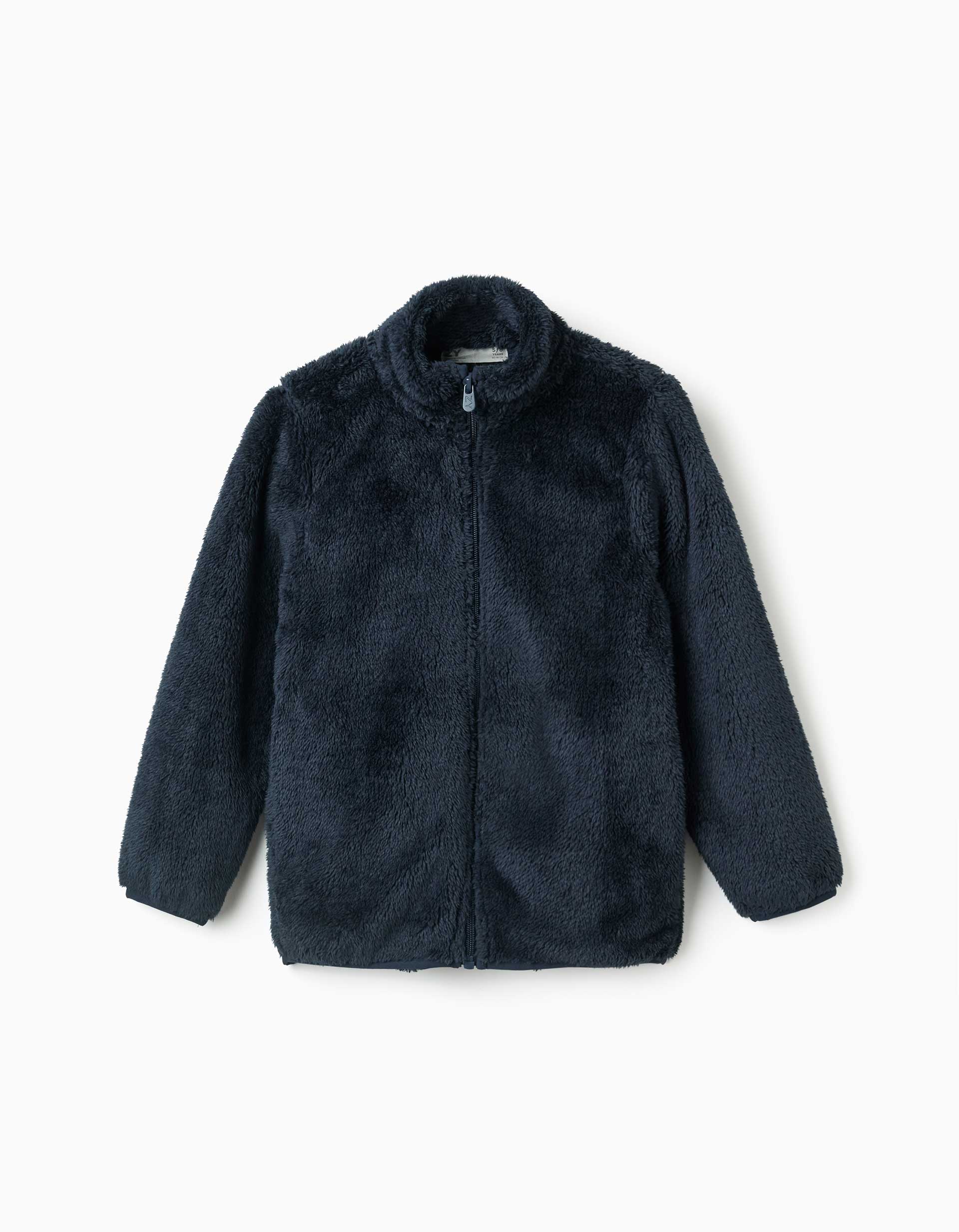 Sherpa jacket with zip closure for children, navy blue