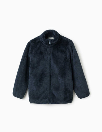 Sherpa jacket with zip closure for children, navy blue