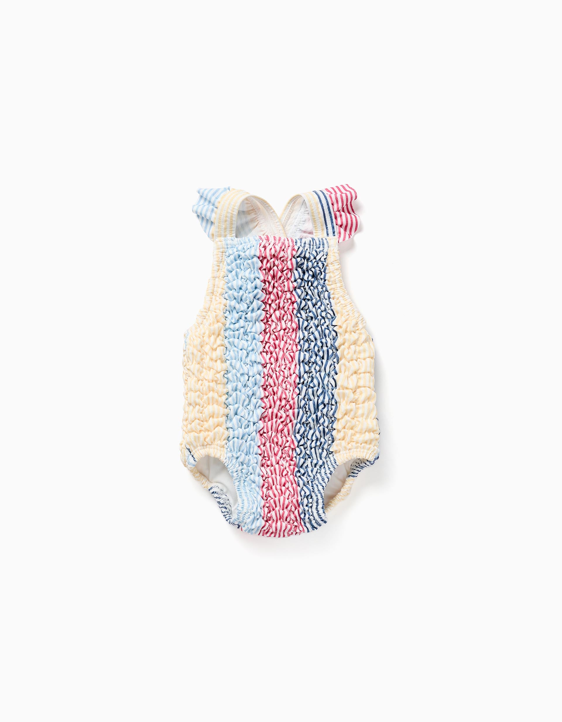 Striped swimsuit with ruffles You&Me for newborn girls, red/blue/yellow