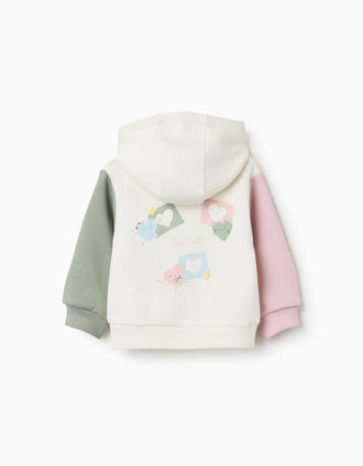 Brushed hooded jacket with heart prints for baby girls, white/pink/green