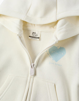 Brushed hooded jacket with heart prints for baby girls, white/pink/green