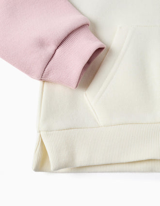 Brushed hooded jacket with heart prints for baby girls, white/pink/green