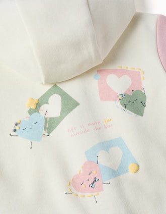 Brushed hooded jacket with heart prints for baby girls, white/pink/green