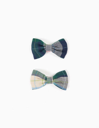 2 pinces à cheveux à nœuds à carreaux B&S pour fille, bleu/vert/beige