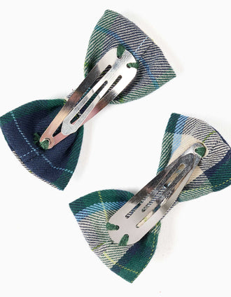 2 pinces à cheveux à nœuds à carreaux B&S pour fille, bleu/vert/beige