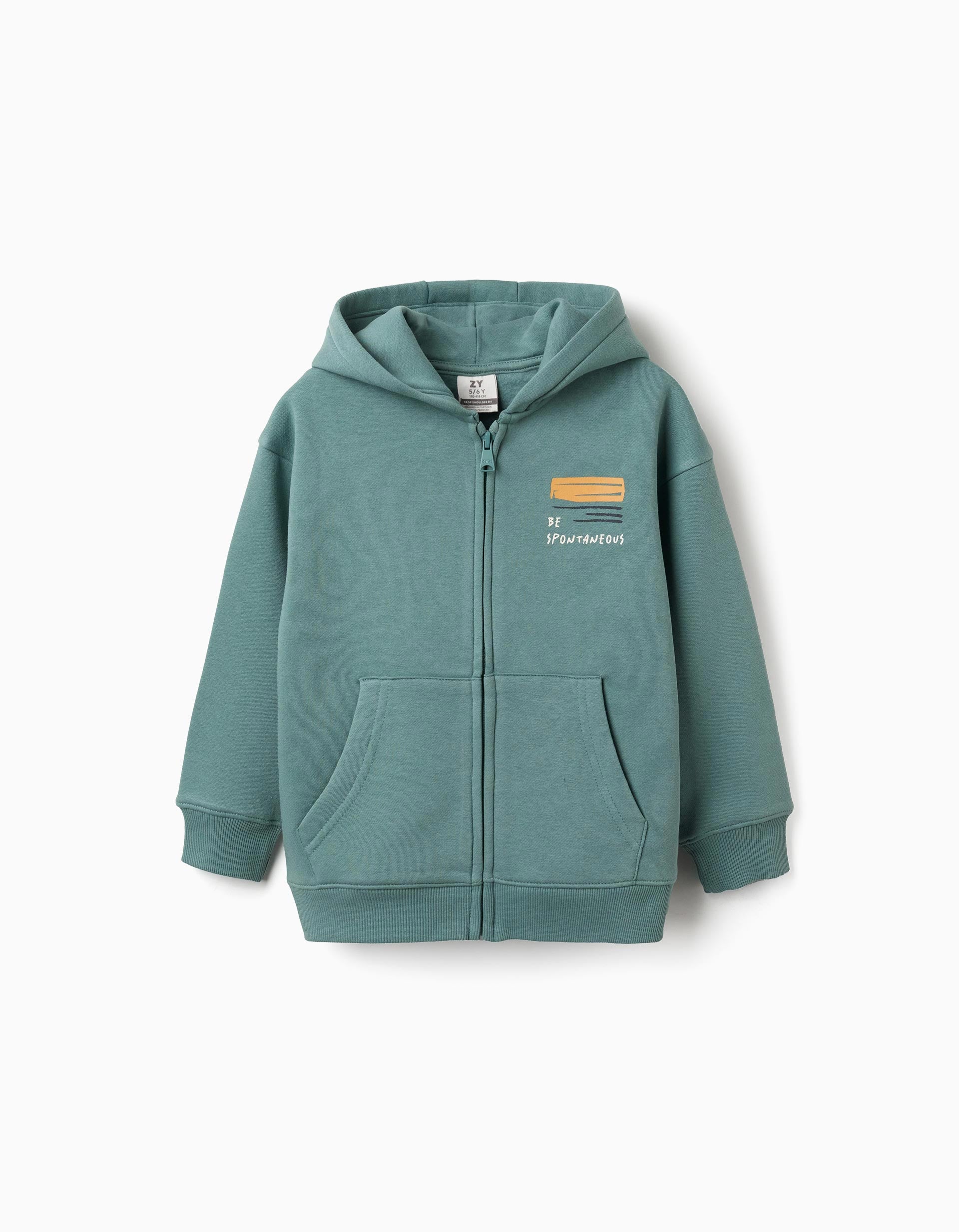 Sweat zippé en coton peigné à capuche Be Spontaneous pour garçon, bleu-vert
