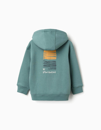 Sweat zippé en coton peigné à capuche Be Spontaneous pour garçon, bleu-vert
