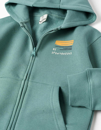 Sweat zippé en coton peigné à capuche Be Spontaneous pour garçon, bleu-vert