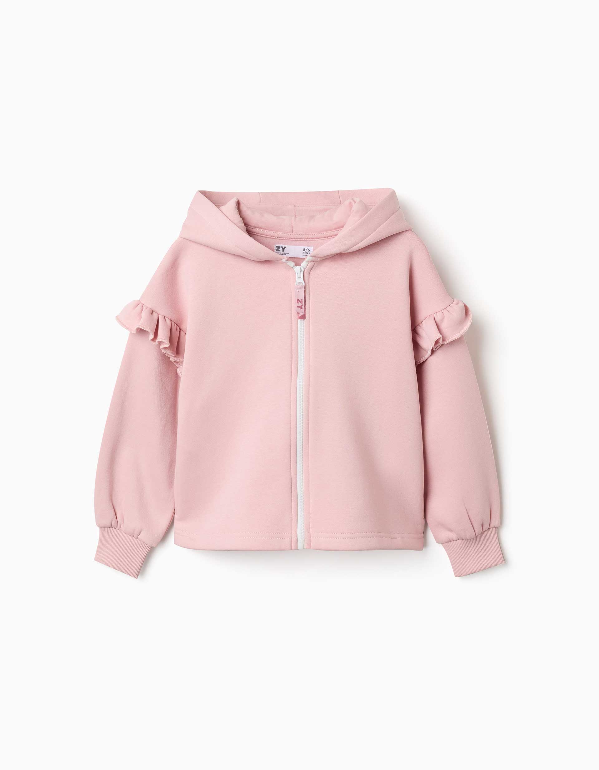 Sweat zippé à capuche et doublure en coton peigné pour fille, rose clair