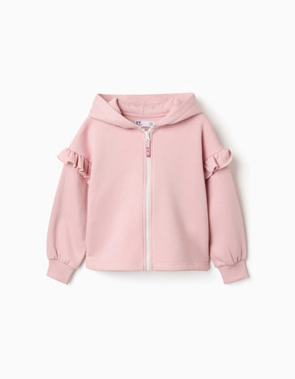 Sweat zippé à capuche et doublure en coton peigné pour fille, rose clair