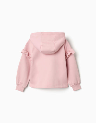Sweat zippé à capuche et doublure en coton peigné pour fille, rose clair