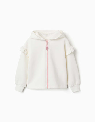 Sweat zippé à capuche et doublure en coton peigné pour fille, blanc