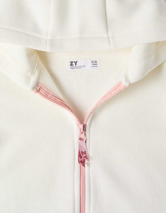 Sweat zippé à capuche et doublure en coton peigné pour fille, blanc