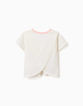 Cotton T-shirt with embroidered collar for girls, light beige/pink