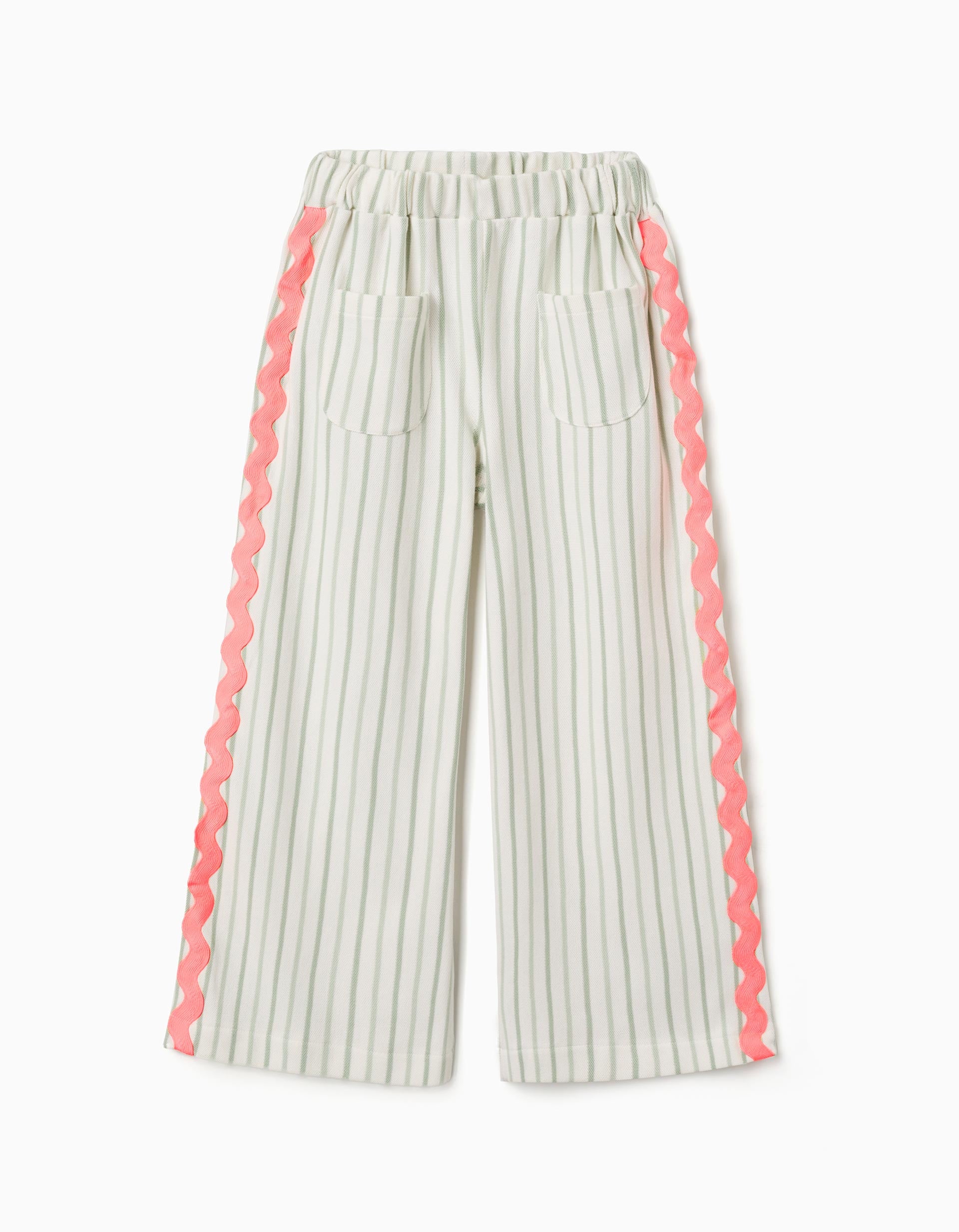 Calças de algodão às riscas com fitas ric rac para menina, branco/verde