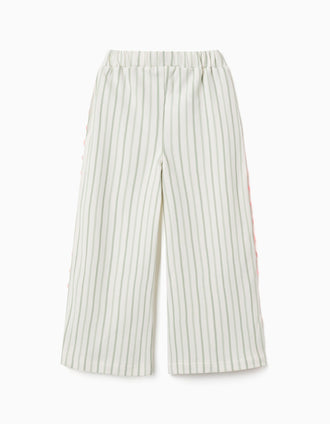 Calças de algodão às riscas com fitas ric rac para menina, branco/verde