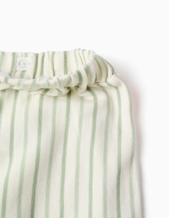 Calças de algodão às riscas com fitas ric rac para menina, branco/verde