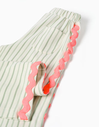 Calças de algodão às riscas com fitas ric rac para menina, branco/verde