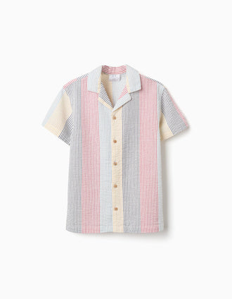 Camisa de algodão às riscas You&Me para menino, vermelho/azul/amarelo