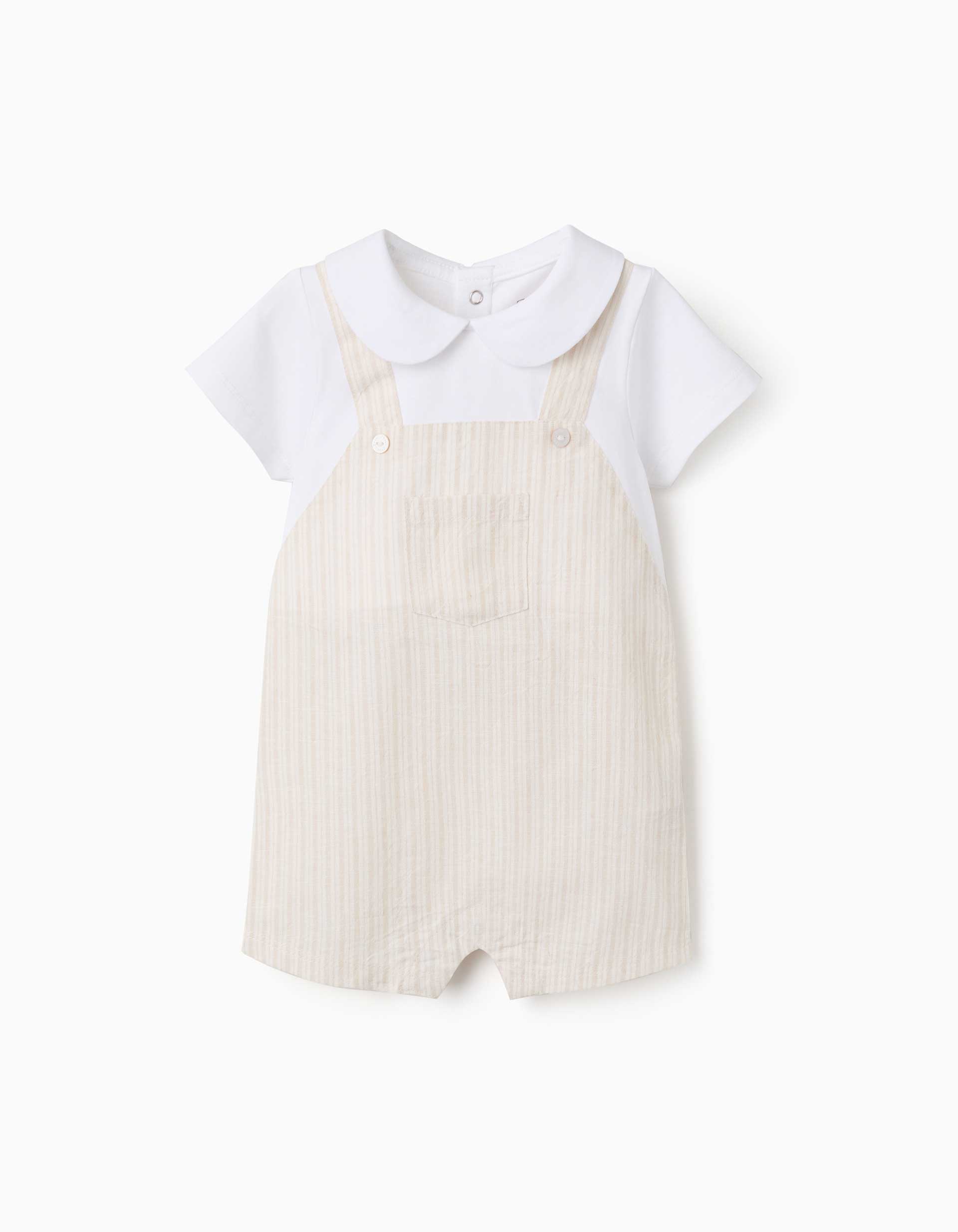 Ranita en algodón y lino a rayas para recién nacido, blanco/beige claro