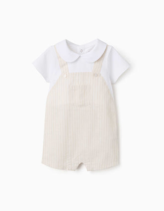 Ranita en algodón y lino a rayas para recién nacido, blanco/beige claro