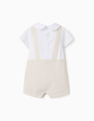 Ranita en algodón y lino a rayas para recién nacido, blanco/beige claro