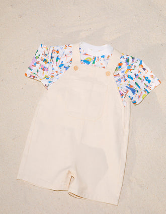 T-shirt e jardineiras Carolina Celas x Zippy para bebé menino, branco/bege