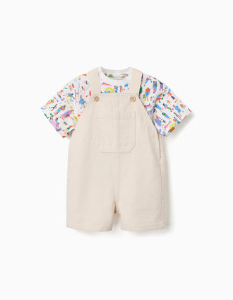 T-shirt e jardineiras Carolina Celas x Zippy para bebé menino, branco/bege