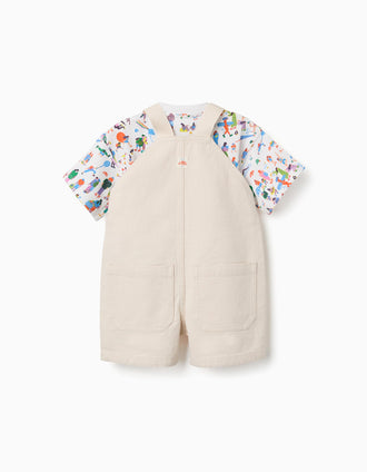 T-shirt e jardineiras Carolina Celas x Zippy para bebé menino, branco/bege