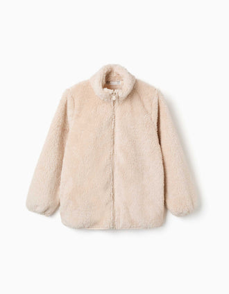 Sherpa jacket with zip closure for girls, light beige