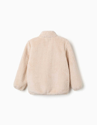 Sherpa jacket with zip closure for girls, light beige