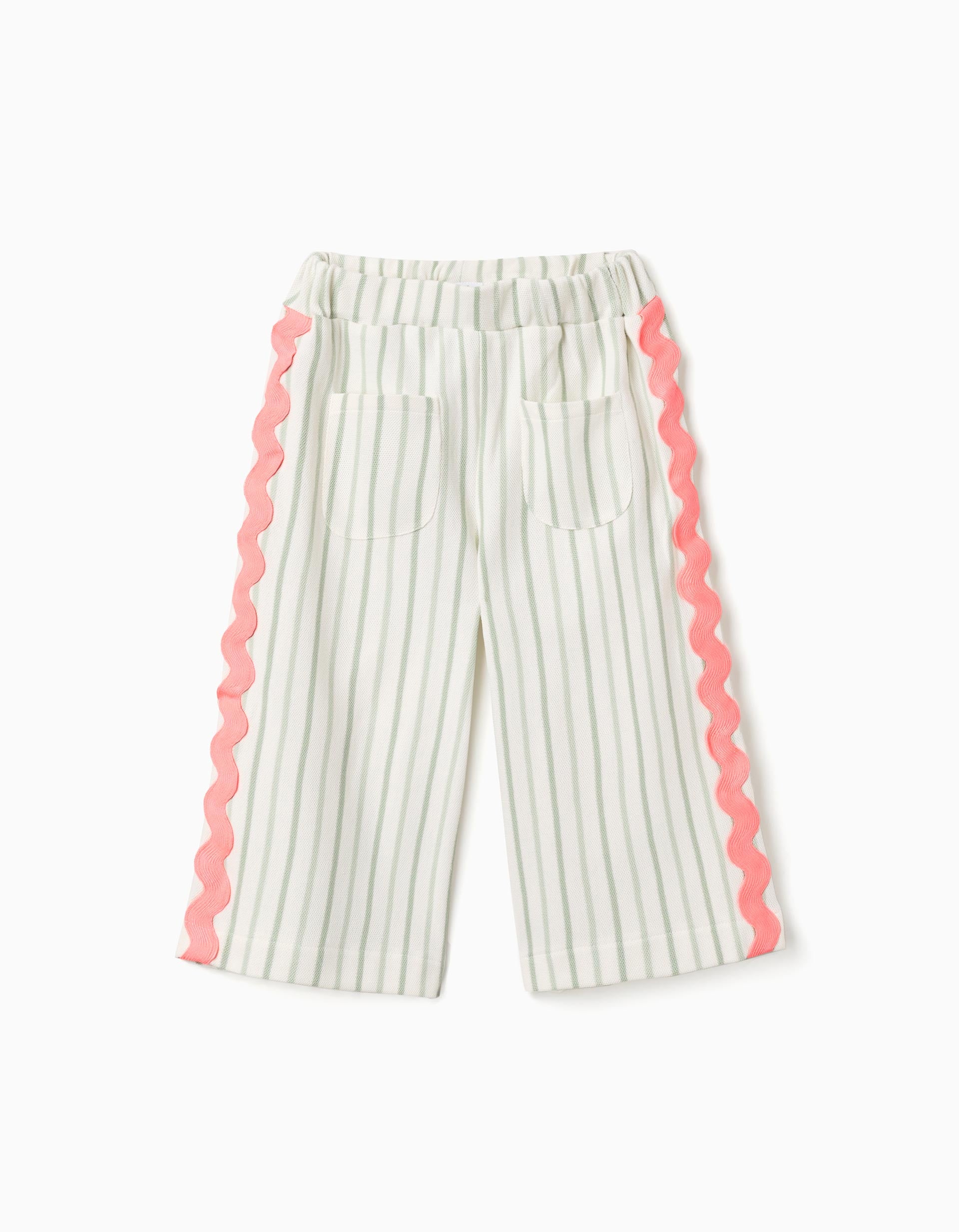 Pantalón de algodón a rayas con cintas ric rac para bebé niña, blanco/verde