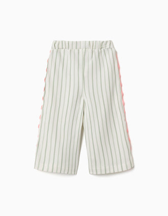 Pantalón de algodón a rayas con cintas ric rac para bebé niña, blanco/verde