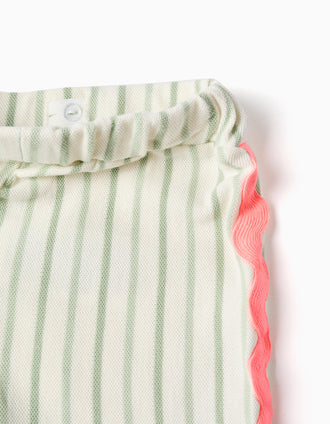 Pantalón de algodón a rayas con cintas ric rac para bebé niña, blanco/verde