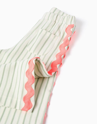 Pantalón de algodón a rayas con cintas ric rac para bebé niña, blanco/verde