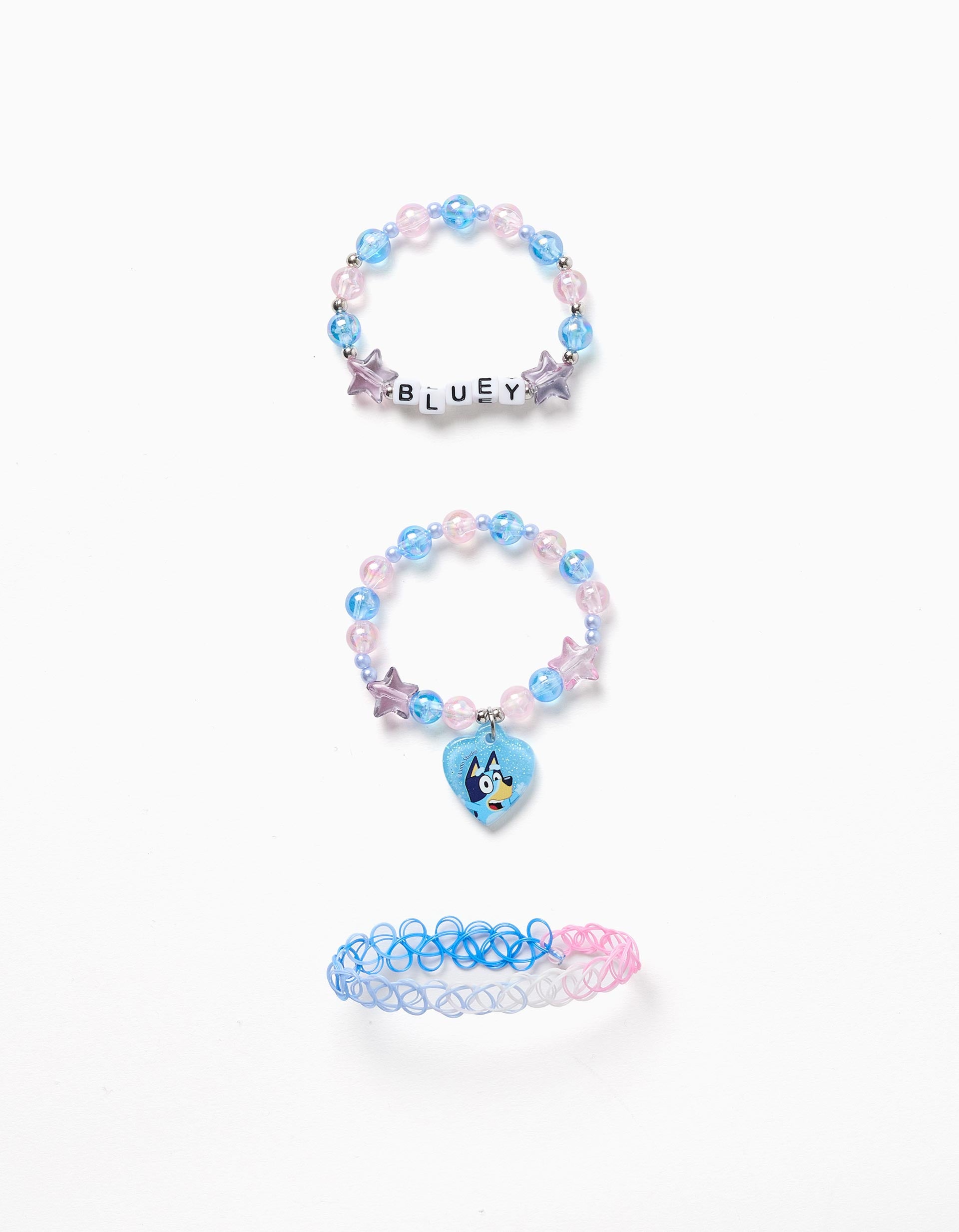 Set de 3 pulseiras com contas/pingente Bluey para menina, azul/rosa