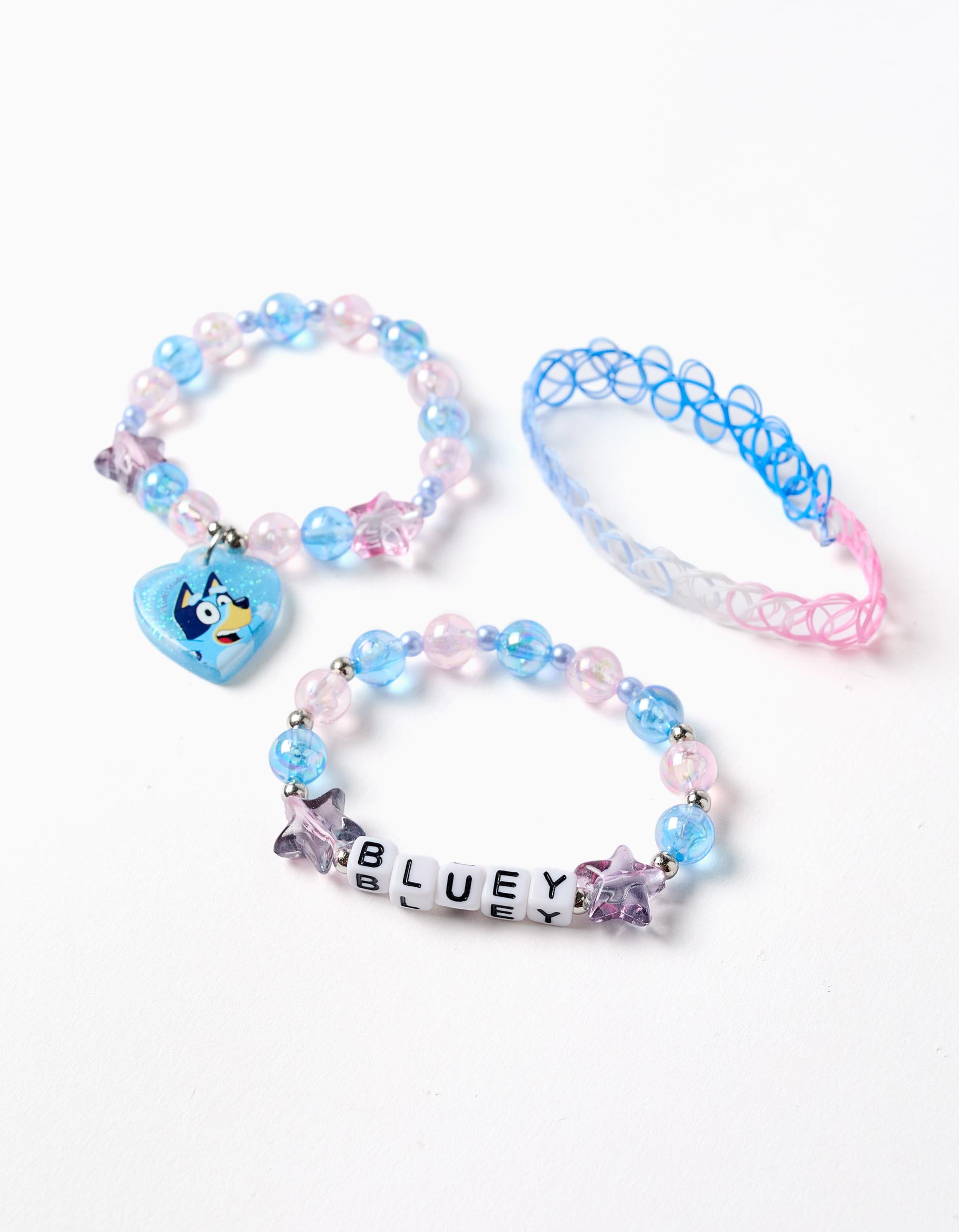 Set de 3 pulseiras com contas/pingente Bluey para menina, azul/rosa