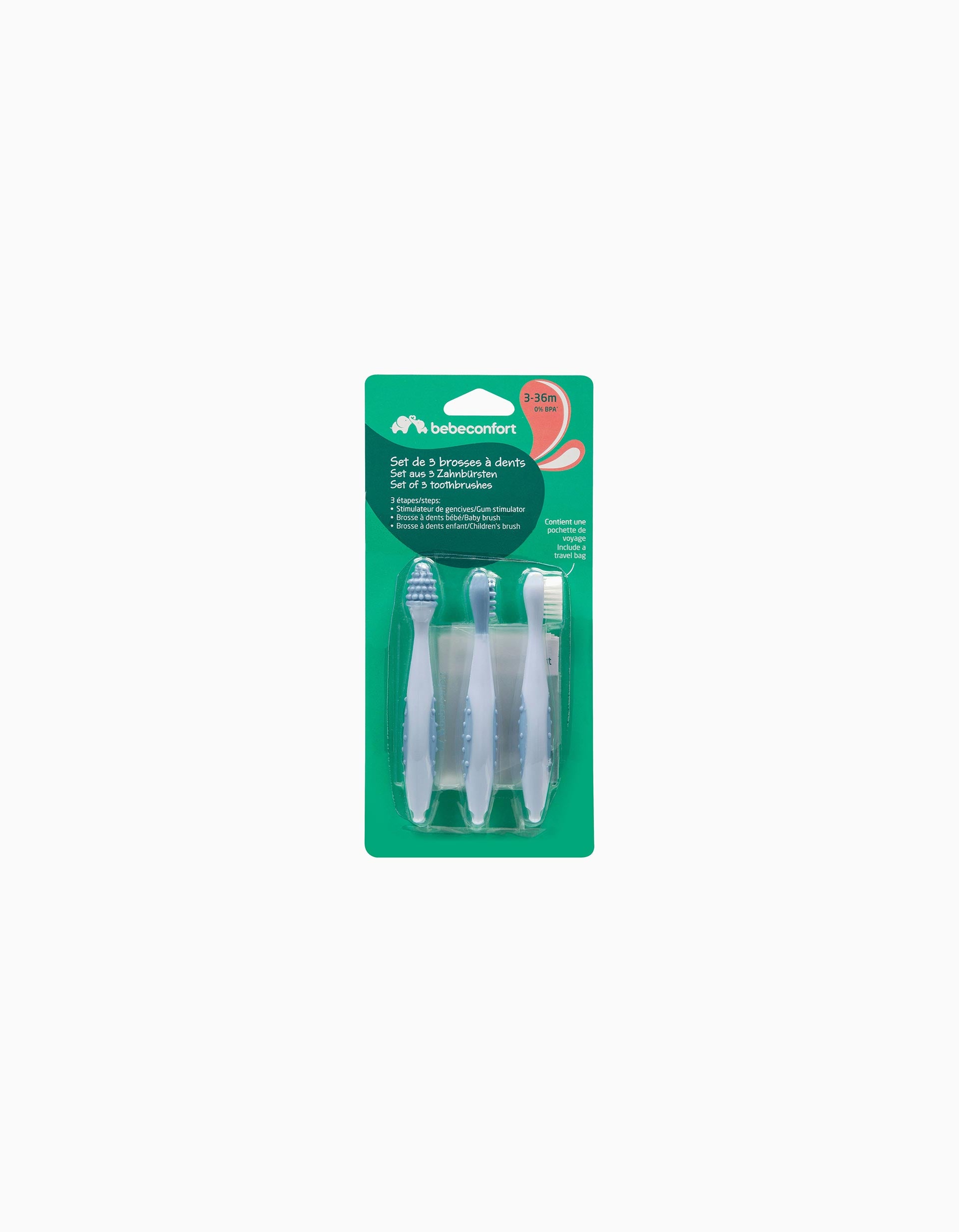 Conjunto 3 Escovas de Dentes Evolutivas para Bebé Bebe Confort, 3M+