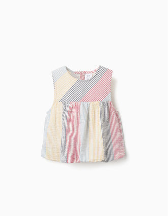 Blusa de algodão às riscas You&Me para menina, vermelho/azul/amarelo