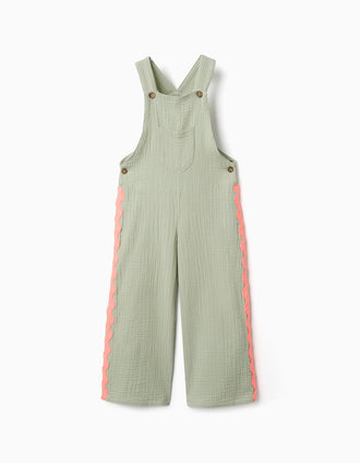 Jardineiras de algodão com tiras ric-rac para menina, verde/coral-néon