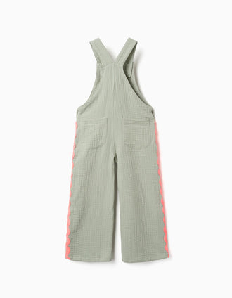 Jardineiras de algodão com tiras ric-rac para menina, verde/coral-néon