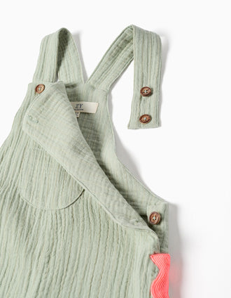 Jardineiras de algodão com tiras ric-rac para menina, verde/coral-néon