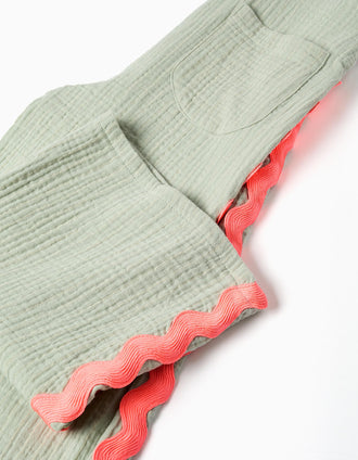 Jardineiras de algodão com tiras ric-rac para menina, verde/coral-néon